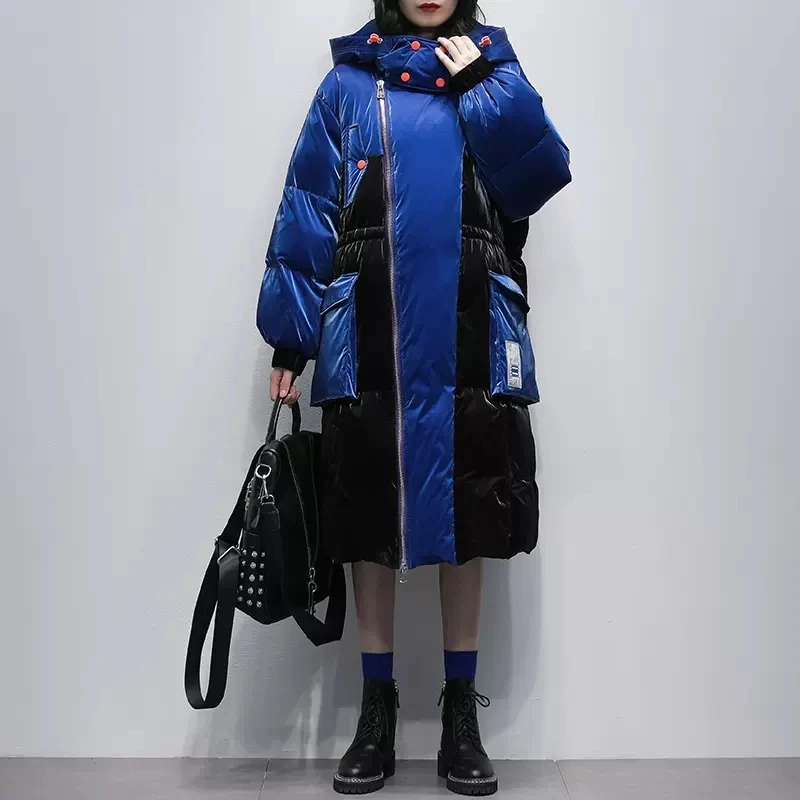 

Женский длинный пуховик с капюшоном, теплый толстый пуховик на белом утином пуху в стиле пэчворк, зима 2022