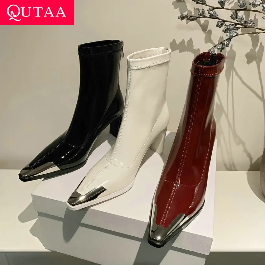 

QUTAA 2024 Women Ankle Boots Square High Heels Pointed Toe Patent Leather Shoes Woman Zipper Office Lady Size 34-39