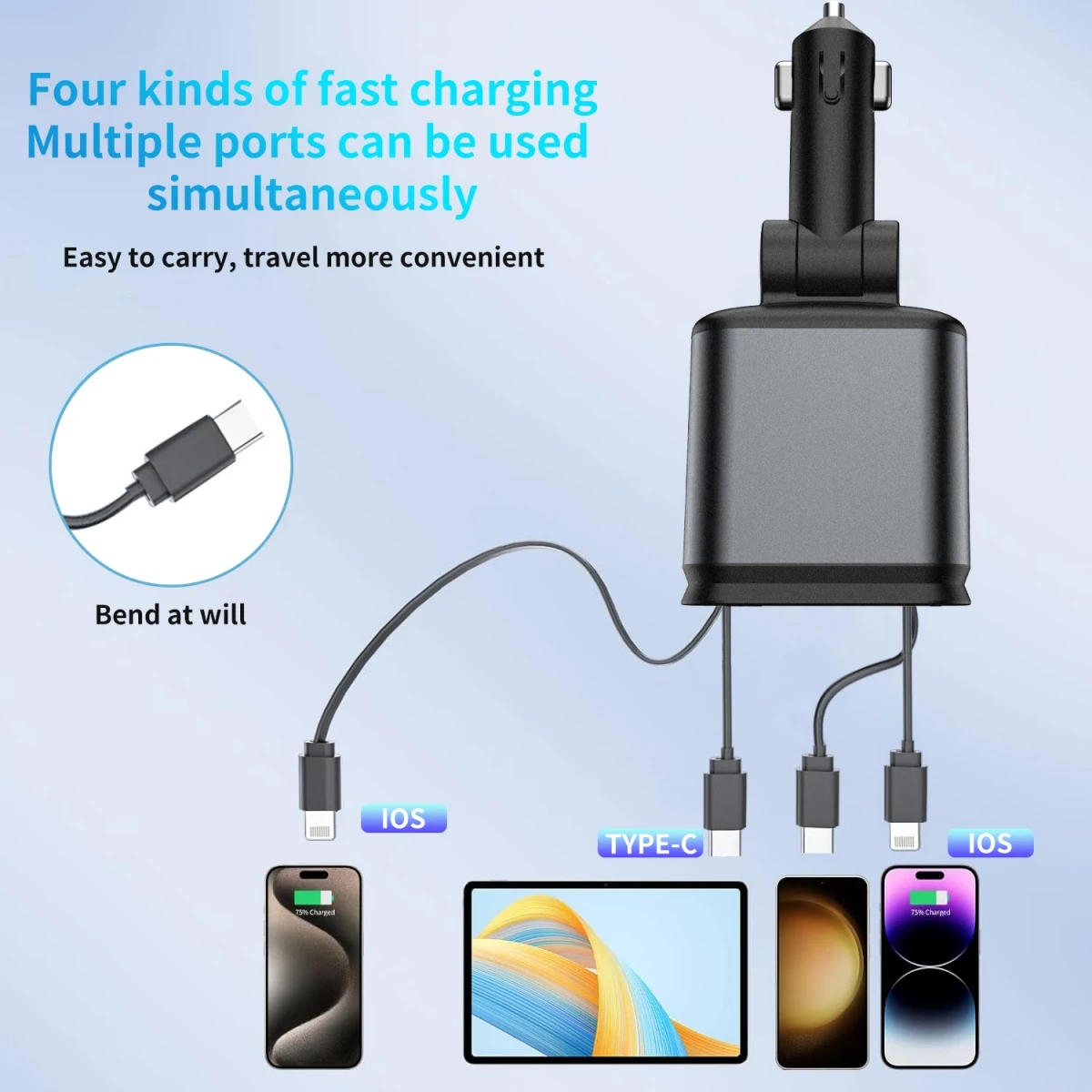 100W Retractable Cable Car Charger, in Car Fast Charger