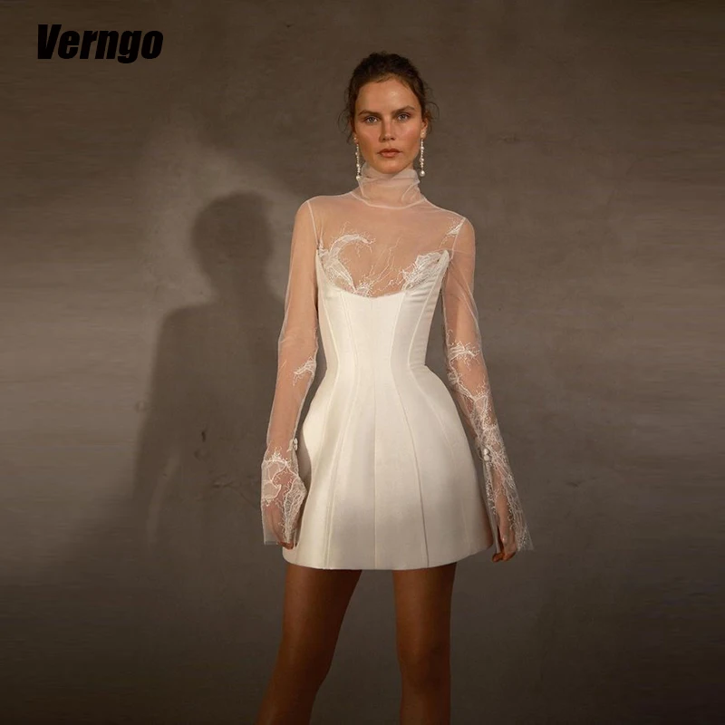 

Verngo Short Girl Wedding Dresses A-line High Neck Long Sleeves Bridal Gown Satin Tulle Bridal Dress Vestidos De Novia 2024