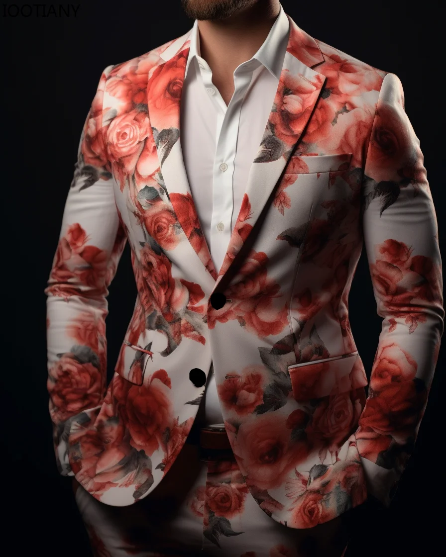 Chrysanthemum Rose Print Men's Flower Suit Business Casual Office Outdoor Classic Suits Party Stage Nightclub Cool Jacket & Pant