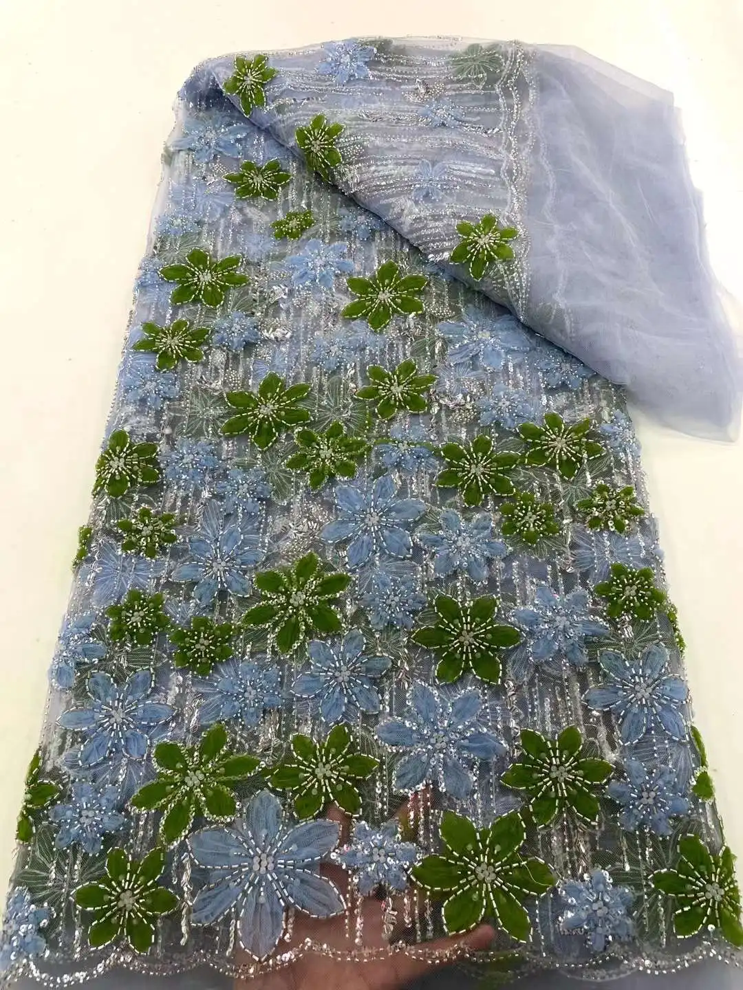 

Blue Tulle Lace Fabric With Sequins And Beads Embroidery African Lace Fabric High Quality 2024 For Wedding Dress