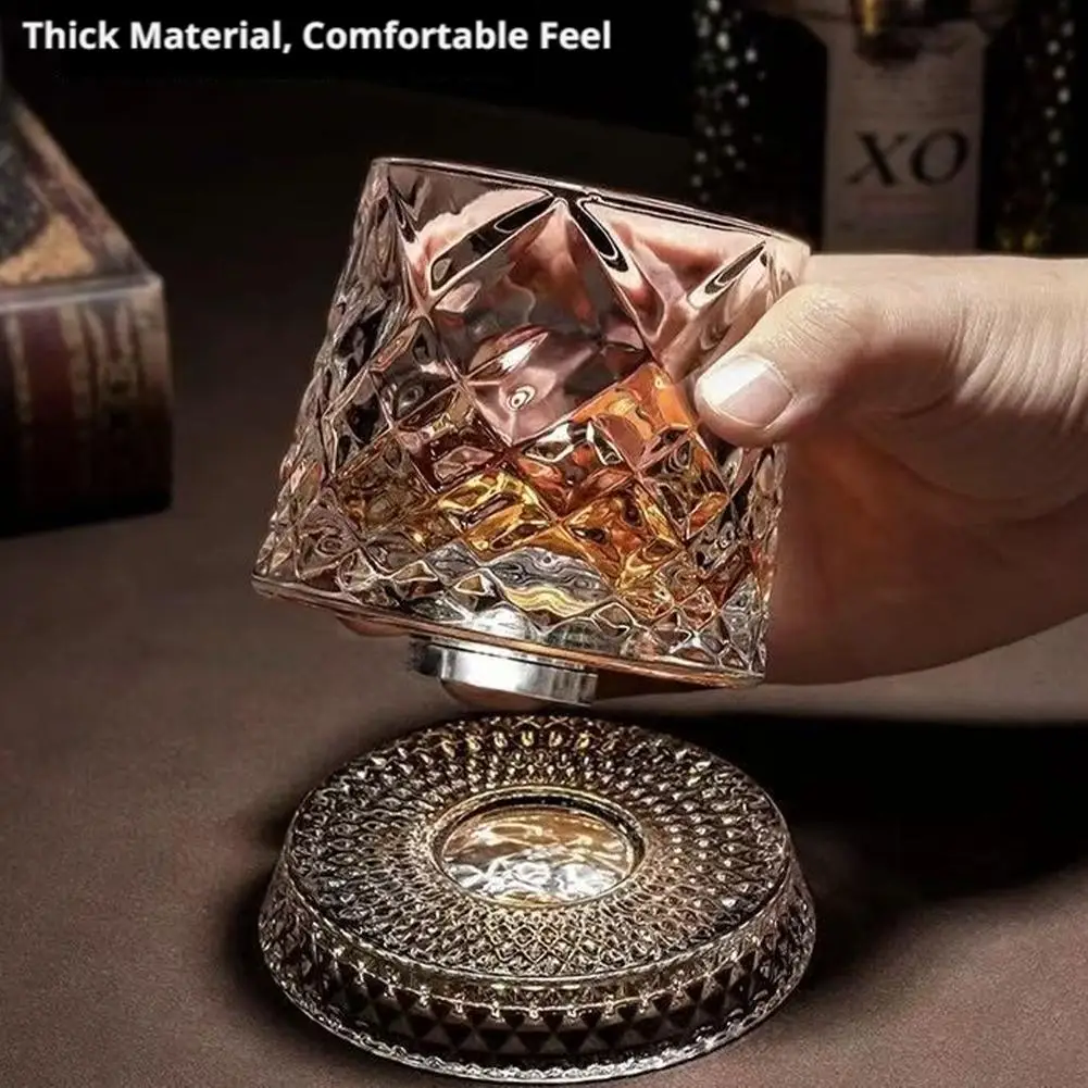 Copo de Cristal para Whisky 280ml com Base Giratória 360° e Padrão de Flor de Gelo com Corte Diamante para Bar, Casa, Festa, Casamento e Presentes