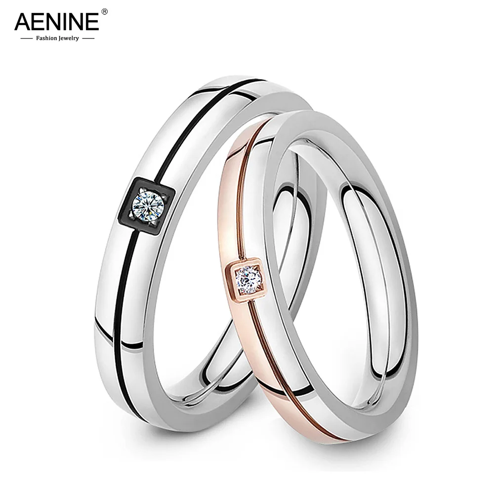 AENINE Classic Cubic Zirconia Ring Stainless Steel Shinning Crystal Couple Ring Forever Love For Romantic Wedding Rings AR19102