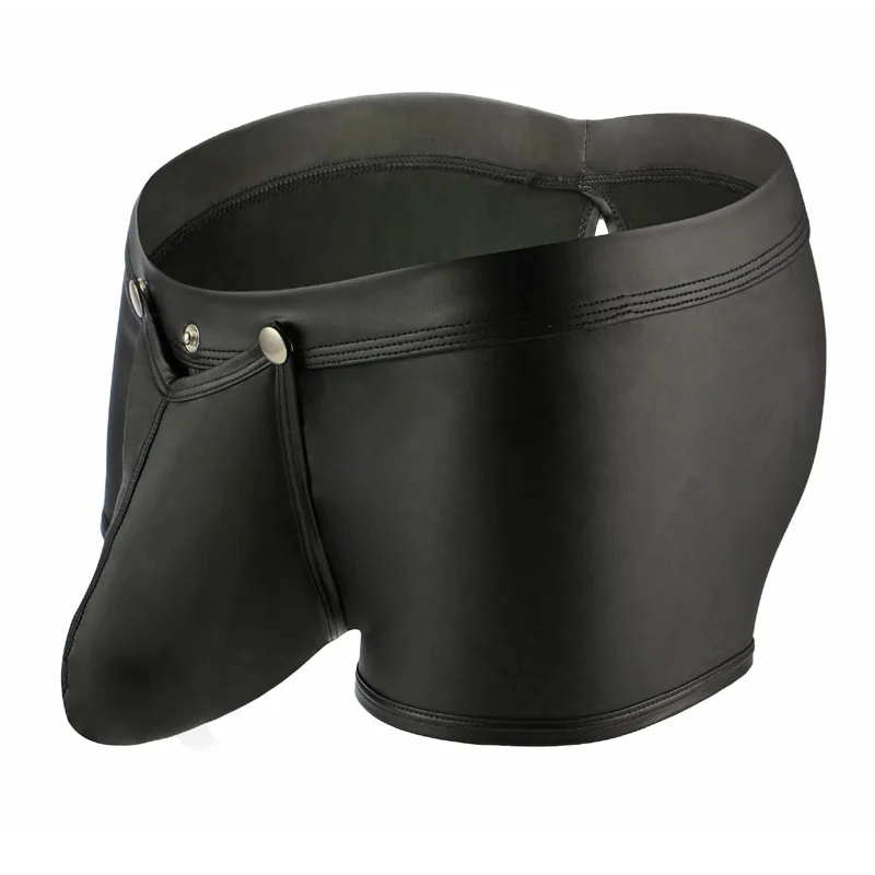 PU Leather Men's Boxer Shorts Sexy Big Penis Pouch Gay Underwear Low Waist Buttons Back Open Erotic Boxers Hollow Out Underpants 3