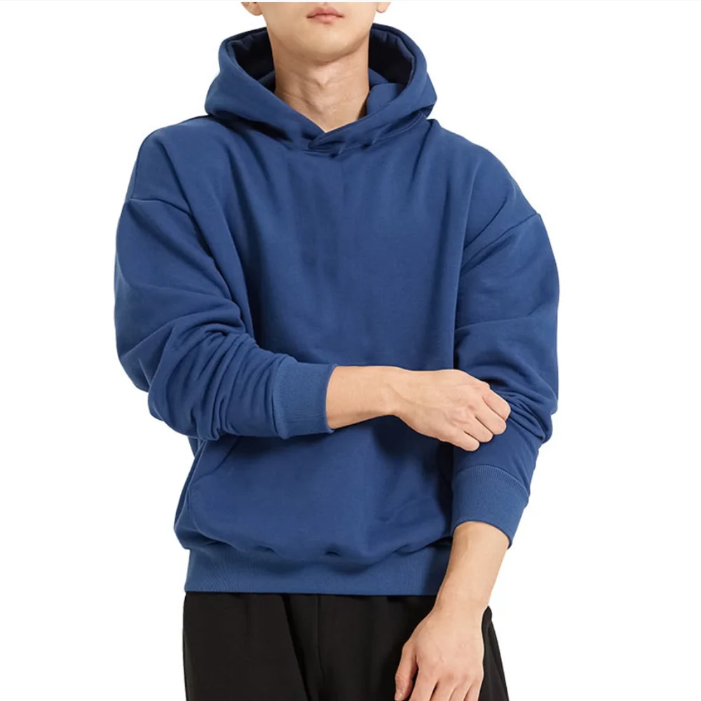 하이 퀄리티 남성용 캐주얼 루즈 후디, 면 맨투맨 피트니스 운동복, 남성 솔리드 풀오버 상의, 가을 겨울