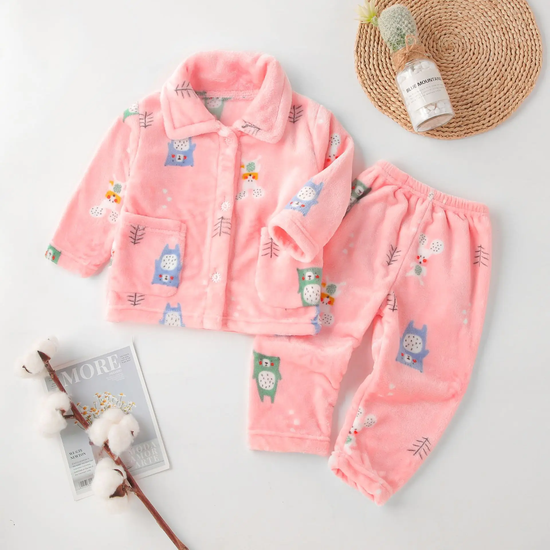 Flannel Pajamas Sets Boys Girls Cartoon Long Sleeve Lapel Tops with Pants PJM Sleepwear Clothing