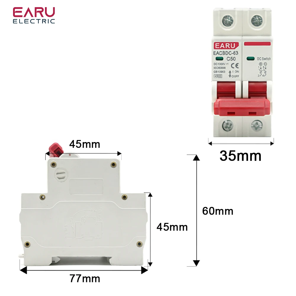 2P DC 1000V MCB przełącznik zabezpieczenie przed przeciążeniem Mini wyłącznik instalacyjny słonecznej 6A 10A 16A 20A 25A 32A 40A 50A 63A DC1000V fotowoltaiczne PV