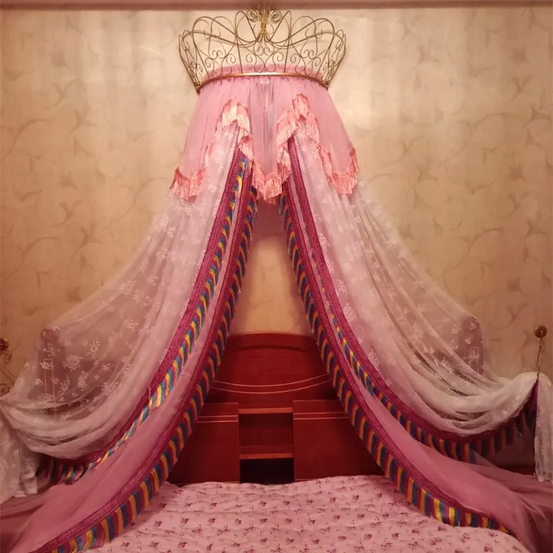 Princess Court Bed Curtain Romantic Chinese Style European Style Bedside Curtain Su Su Trim High-End Lace with Crown Shelf