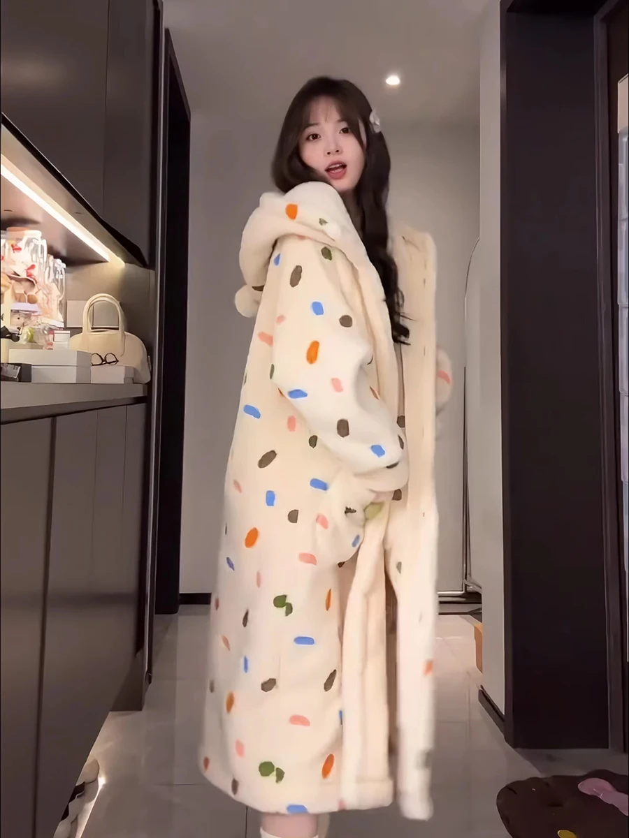  Polka Dot Coral Fce Spwear Women's Winter 2024 New Sweet Cute Hooded Long Robe Home Clothes Youth Fem