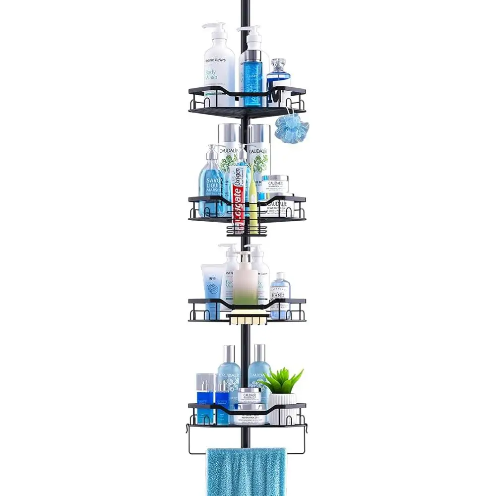 Adjustable 4 Tier Corner Shower Caddy Tension Pole Rustproof Floor Standing Bath Organizer with Towel Rack and Hanging Loops 2