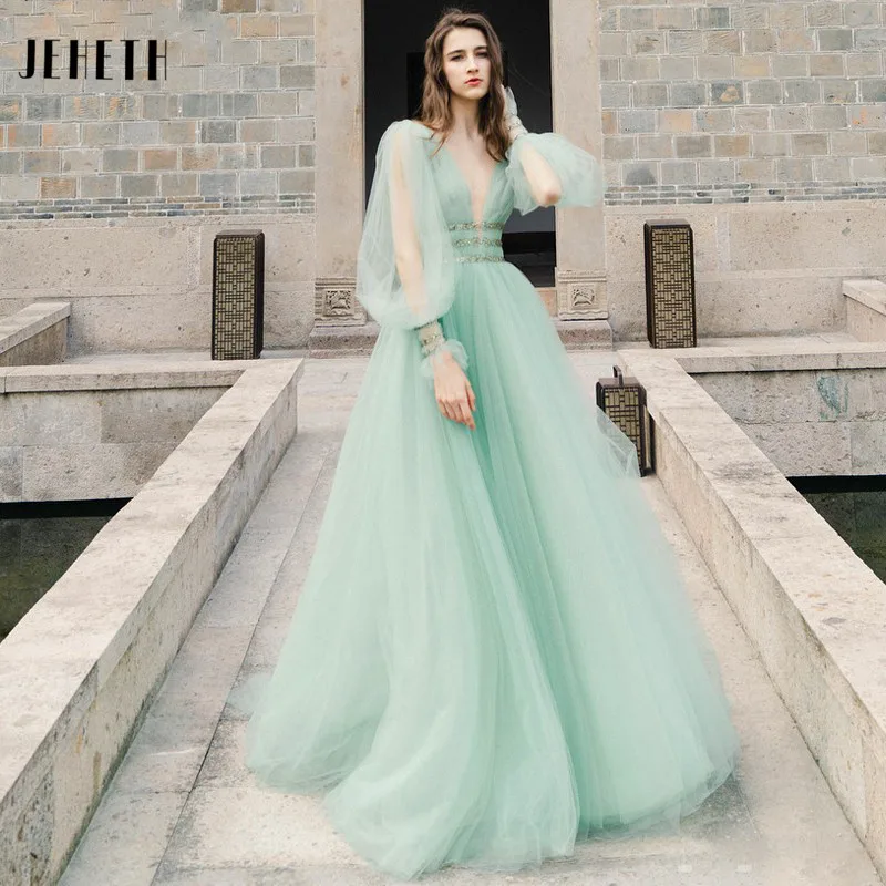 

Elegant A Line Beaded Belt Prom Dress V-neck Puff Long Sleeves Tulle Backless Women Party Formal Evening Gowns Vestido De