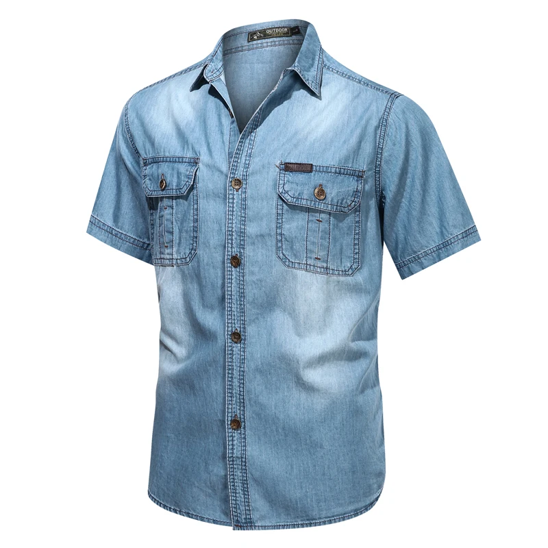Biru Muda Kemeja Denim Pria Lengan 
