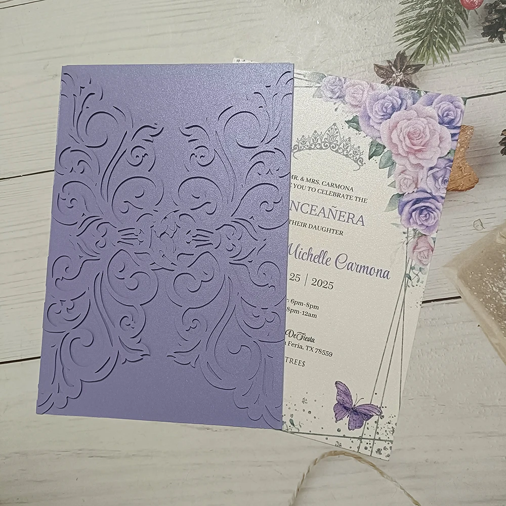 20Set Lavender Paper Wedding Invitation Card Blank Insert Envelope Ribbon Engagement Invites HJ188