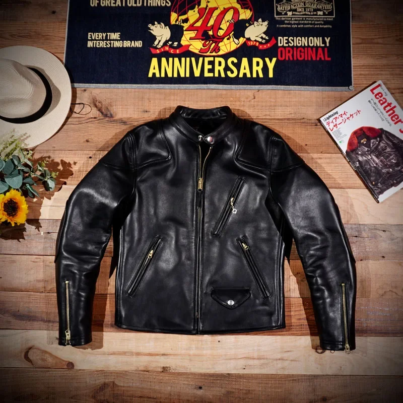 

Classic Tom Hardy Venom Italian Vegetable Tanned Cowhide Leather Jacket Stand Up Collar Biker American Vintage Men's Crop Jacket