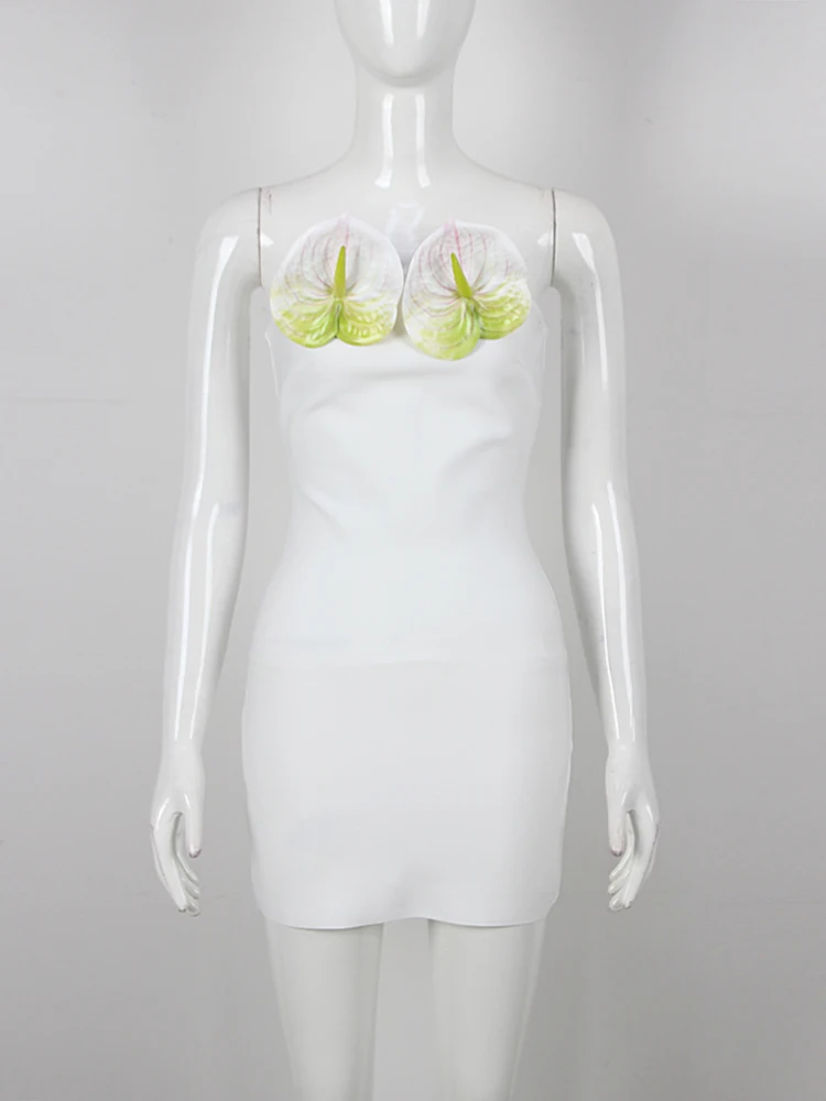 

New Sexy Strapless 3D Flower Mini Bandage Dress Elegant Women White Anthurium Design Backless Bodycon Dress Evening Party Dress