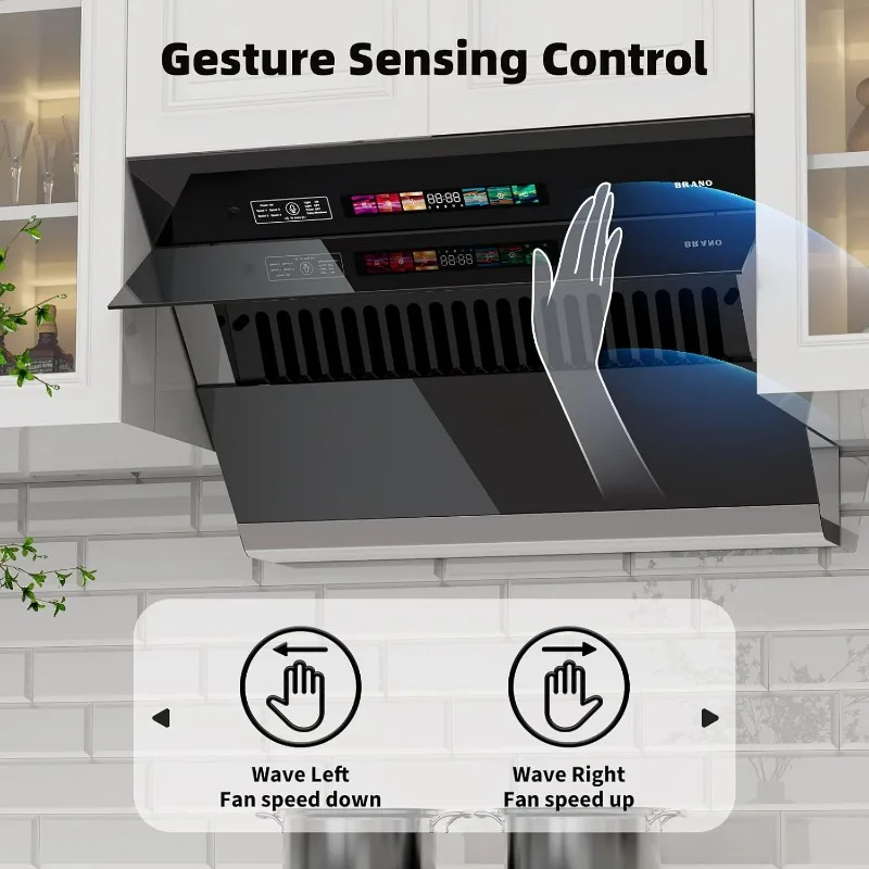 BRANO Range Hood 30 inch with 900CFM, Voice/Gesture Sensing/Touch Control Panel, Unique Side-Draft Design Under Cabinet Modern