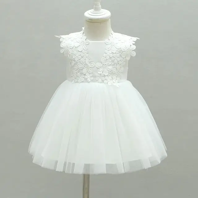 Baby Girls Flower Bowknot Mesh Dress For Infant Christening Baptism Wedding Party Formal Birthday Gown Toddler Summer Clothes 1