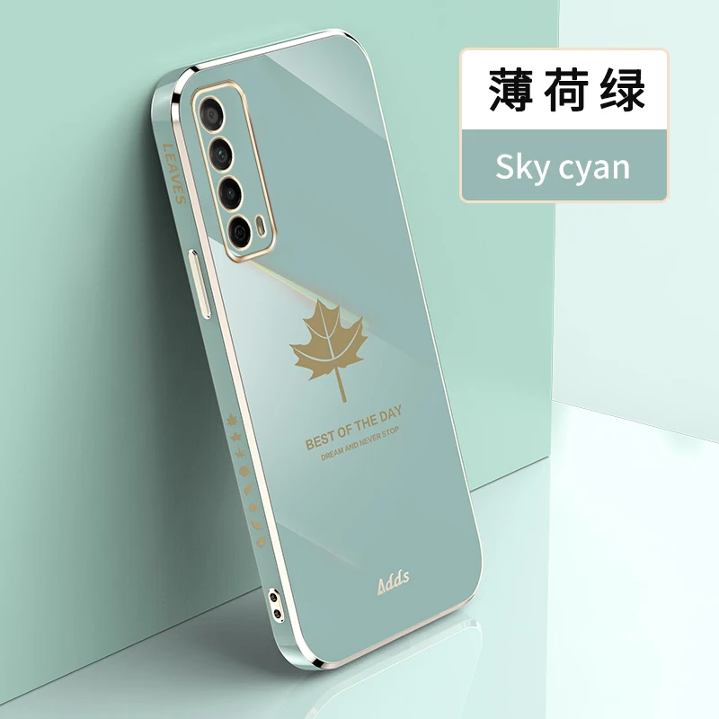 phone flip cover Luxury Square Maple Leaf Plating Silicone Case on For Huawei P Smart 2021 Y7a Coque Ultra-thin Soft Back Cover phone dry bag