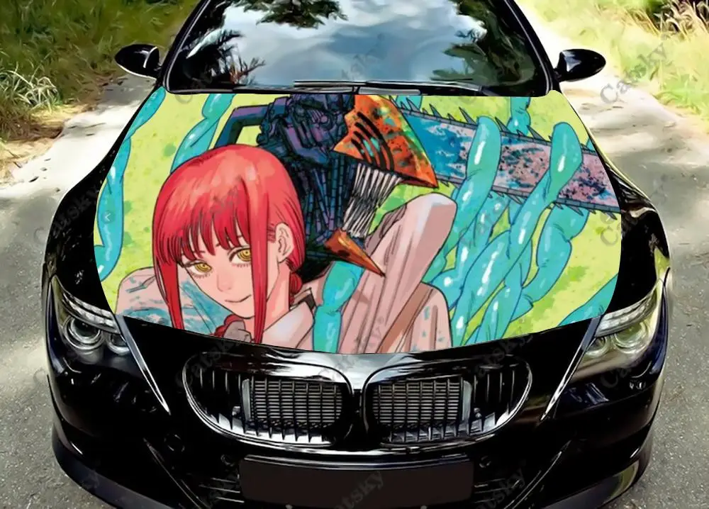 

Виниловая наклейка на капот автомобиля с японским аниме бензопилой, виниловая пленка, наклейка на крышку двигателя, наклейка, универсальная защитная пленка на капот автомобиля