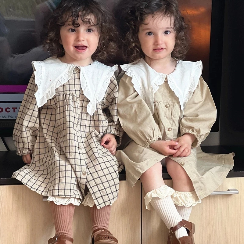 

Baby Girls Spring Autumn Clothes Casual Plaid Dress Toddler Cotton Linen Long Sleeve Big Turn Down Collar Girls Princess Dress