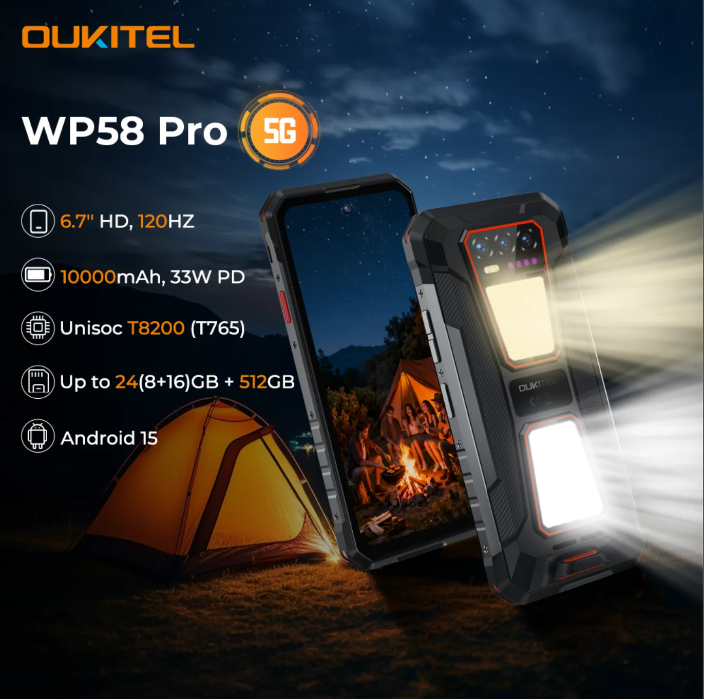 OUKITEL WP58 PRO 5G Rugged Smartphone 24GB(8+16) RAM + 512 ROM