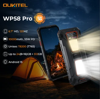 OUKITEL WP58 PRO 5G Rugged Smartphone 24GB(8+16) RAM + 512 ROM, Android 15 NFC 64MP Cellphone with Camping Lamp ,10000mAh 33W