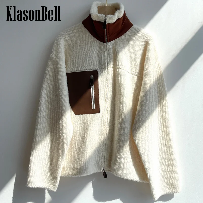 

12.21 KlasonBell Fashion Contrast Color Leather Spliced Stand Collar Zipper Women Clothes 100% Cashmere Knit Cardigan Coat