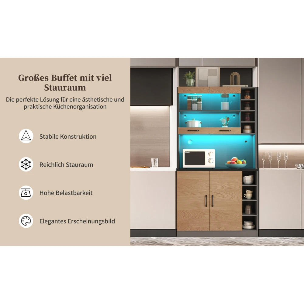 Küchenbuffetschrank mit LED-Leuchten | Freistehendes Highboard aus Holz | Großer Mikrowellenraum und verstellbarer Stauraum | Kabellöcher. – Detail 19