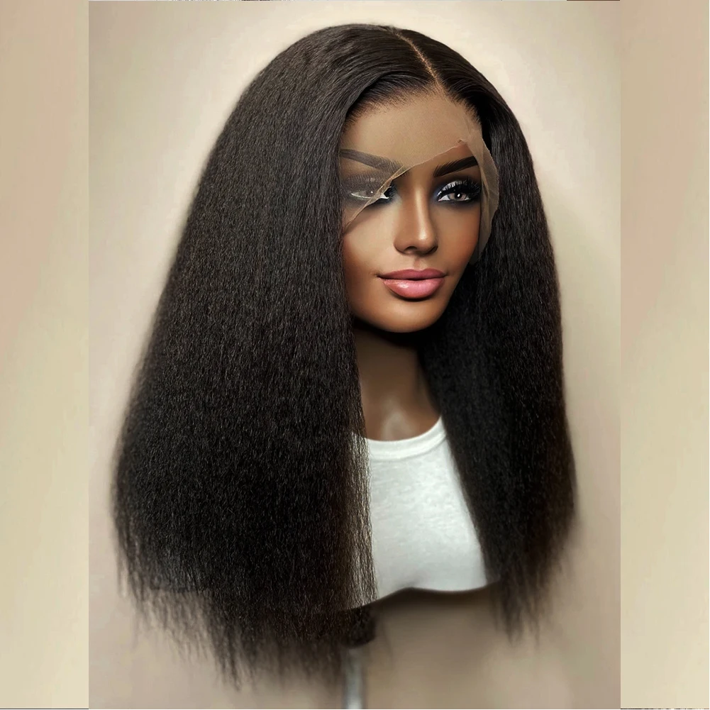 Natural 26Inch Yaki Preplucked Black 180 Density Long Kinky Straight  Soft Lace Front Wig For Women BabyHair Heat Resistant