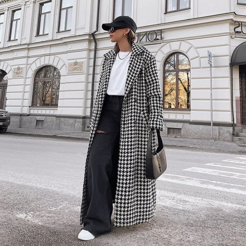 

Women Houndstooth Wool Coat Autumn Winter Casual Elegant Long Sleeve Lapel Collar Double Breasted Warm Trench Jacket Outwear