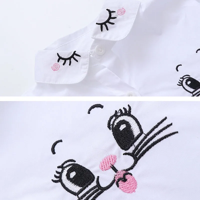 Autumn Back To School Shirts for Student Girls Princess Clothes Kids Long Sleeve White Blouse Cartoon Cat Flower Embroidery Tops