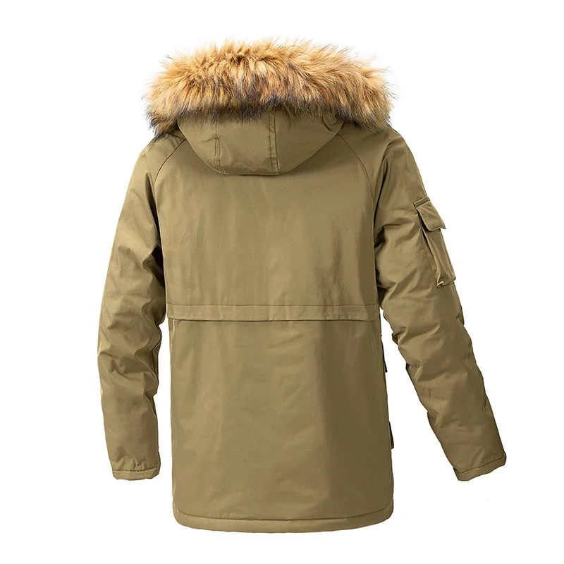 Winter Men Fleece Hooded Fur Collar Casual Jackets Coat Man Detachable Hat Multi Pocket Parkas Male Overcoat Outwear Windbreaker