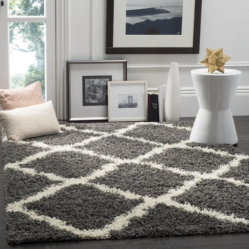 

Area Rug - 8' x 10', Dark Grey & Ivory, Trellis Design, Non-Shedding & Easy Care, 1.5-inch Thick Ideal for High Traffic Areas
