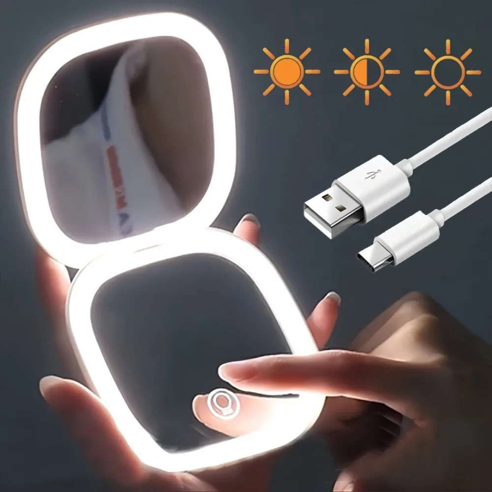 Double Sided LED Makeup Mirror Adjustable Color 3x Magnification USB Charging Portable Folding Women's Outdoor Use