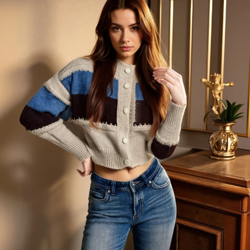 Fashion New Autumn and Winter Contrast Colors Women's Long Sleeve Crew Neck Cardigan Top Fashion Elegant Small Knitwear Top