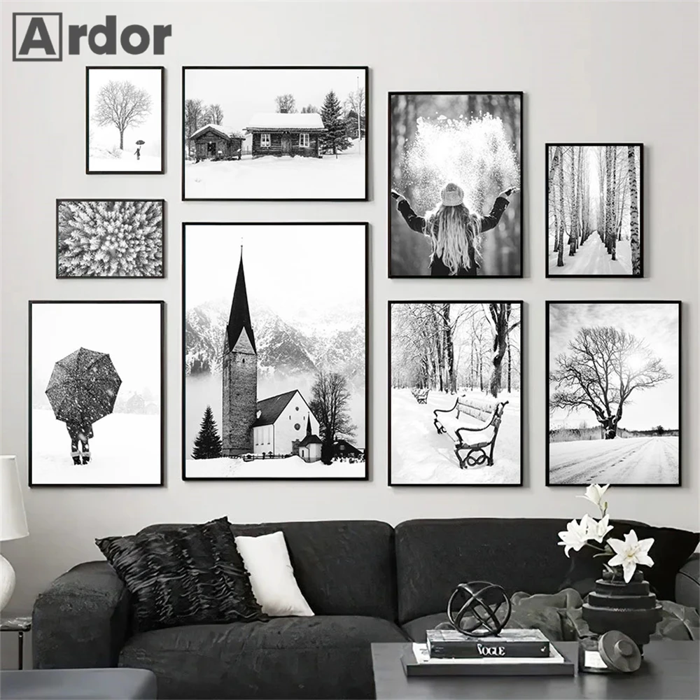 

Black And White Snow House Art Prints Winter Dried Tree Canvas Poster Umbrella Girl Wall Painting Nordic Picture Home Decoration