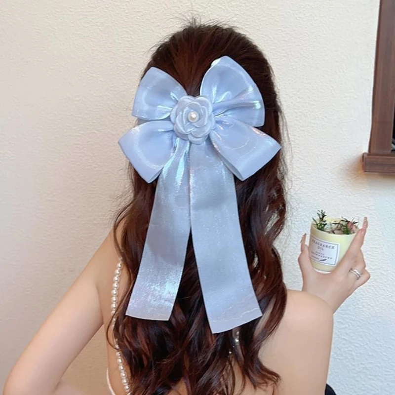 

Elegant Ribbon Bow Hair Clip Pearl Camellia Flower Long Hairpins Solid Color Spring Clip Fashion Headband Girls Hair Accessories