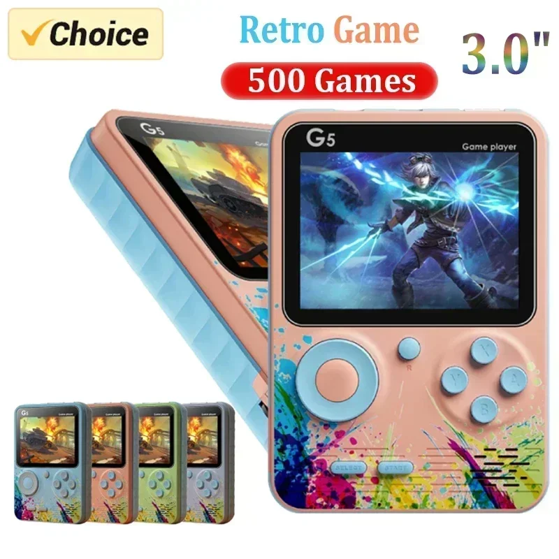 G5 Retro Handheld Game Console With 500 Classic Games 3.0Inch Screen Portable Gamepad Macaron Color 1020mAH Rechargeable Battery