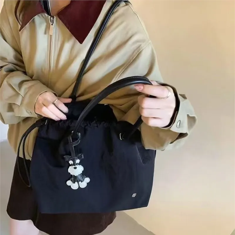 JIAERDI Black Drawstring Minimalist Tote Bag Women Nylon Large Capacity Shoulder Bag Ladies Casual Commute Versatile Handbag New