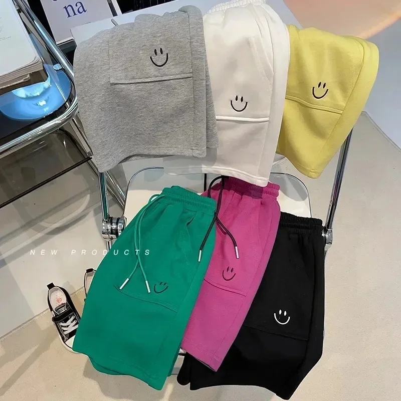 New Hot Sale Of The Season Boys Embroidered Loose Fit Five-Quarter Pants Casual Comfortable Spring Summer Children's Smiling Fac