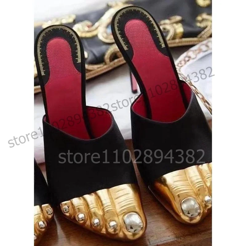 

Gold Five Fingers Design Black Slippers Slip On Women Shoes Thin High Heels Novel Fashion Party Runway 2023 Zapatos Para Mujere