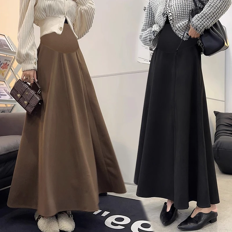 Dense Woolen Maternity Long Skirts Elegant A Line Big Bottoms Clothes for Pregnant Women Autumn Winter Pregnancy