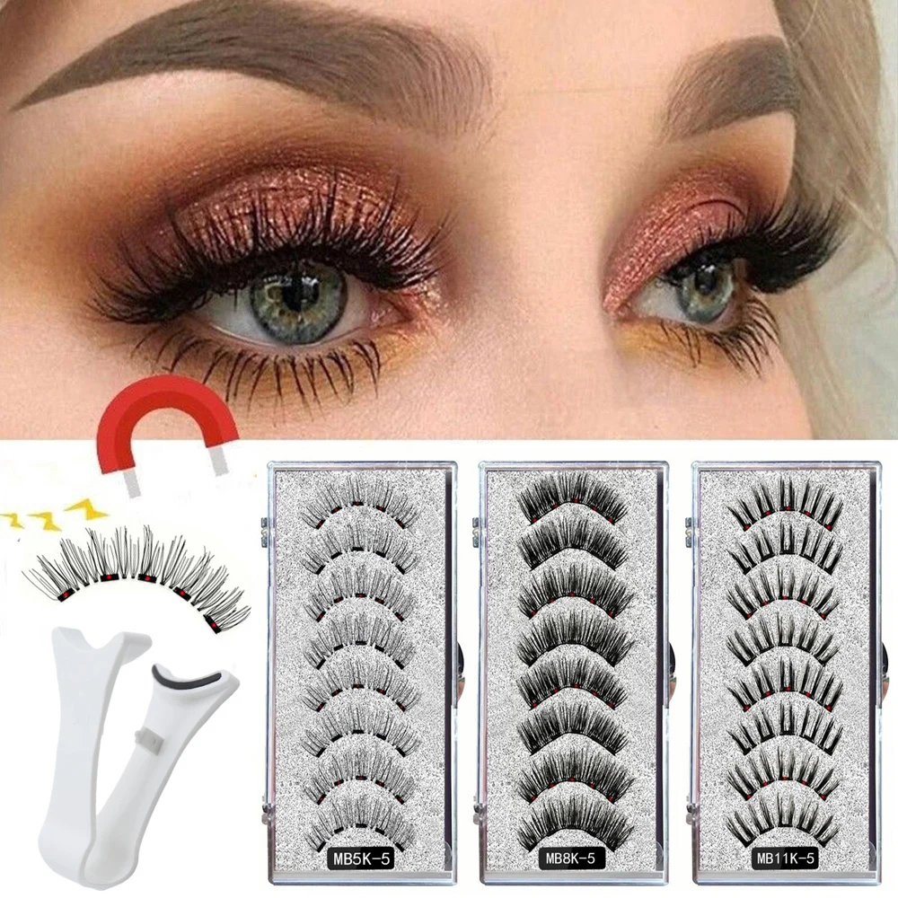 3D Magnetic Eyelashes Kit 5 Magnet Easy To Wear False Natural Black Stem Fake Lashes Reusable Eyelash Supplies