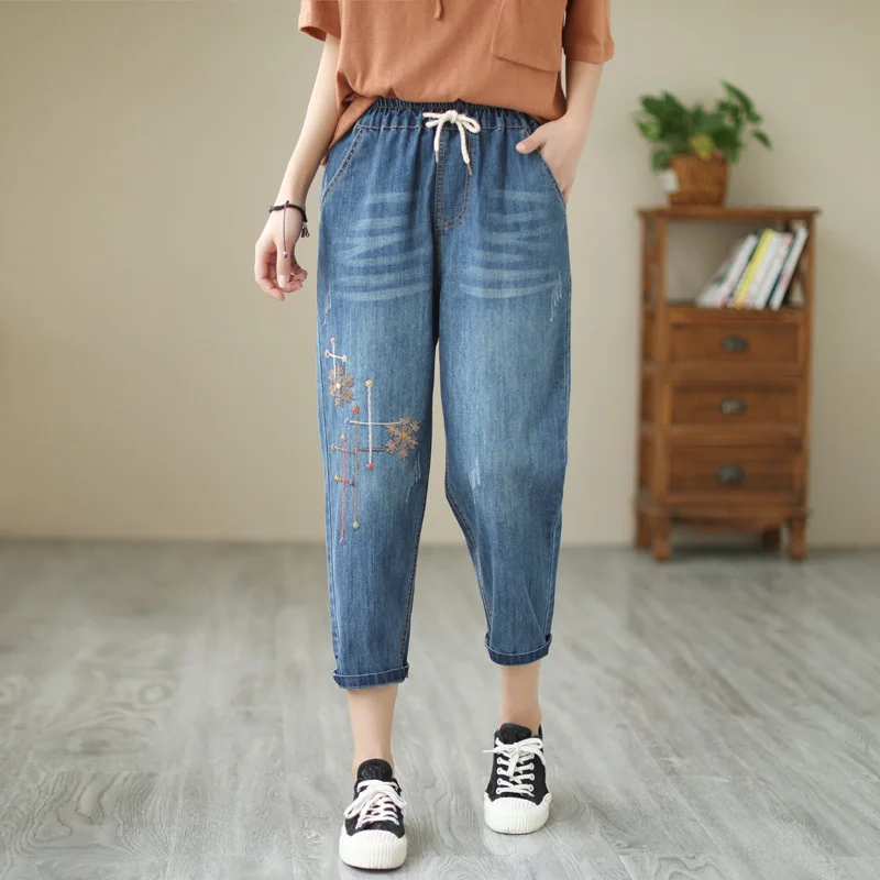 Women's Jeans Korean Capris Casual High Waist Baggy Pants Ladies Streetwear Vintage Floral Embroidery Denim Harem Trousers