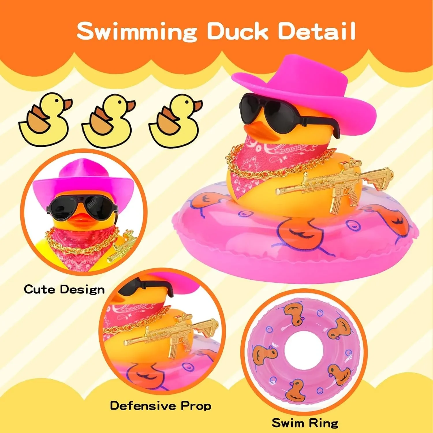 고무 오리 자동차 장식품 카우보이 모자 선글라스와 자동차 대시 보드에 대한 노란색 Ducky 자동차 사무실 침실 장식에 대한 수영 반지
