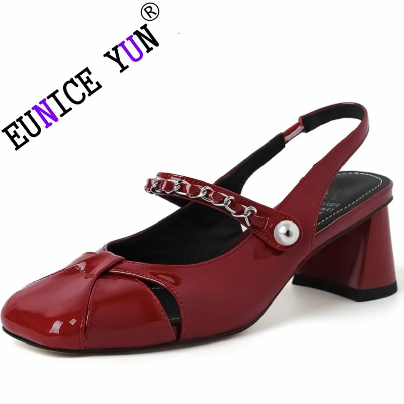 

【EUNICE YUN】Summer New Vintage Red Mary Janes Women Genuine Leather Fashion Square Toe Slingback Med Heel Sandals Lady Footwear