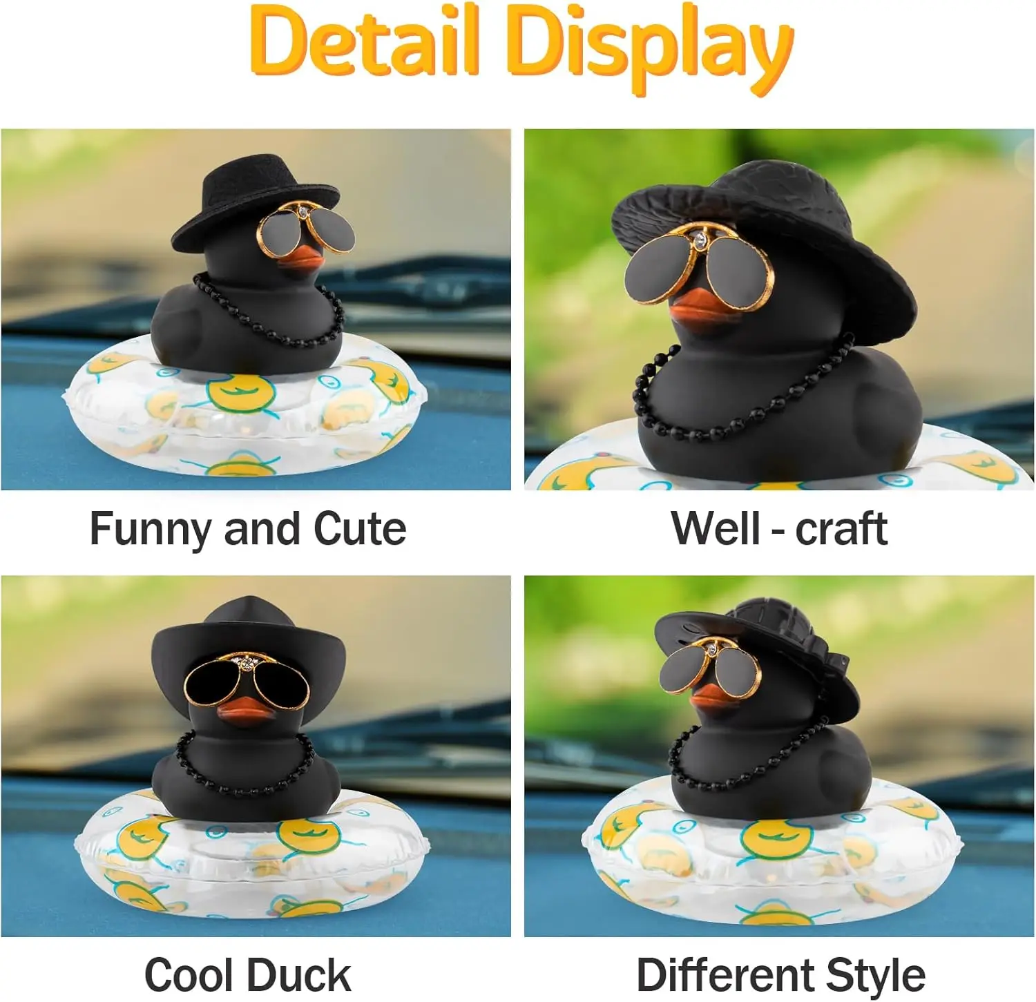 Car Dashboard Black Rubber Duck Ornament, Car Decoration Colour Ducks Accessories with Mini Hat Necklace and Sunglasses Rubber D 5
