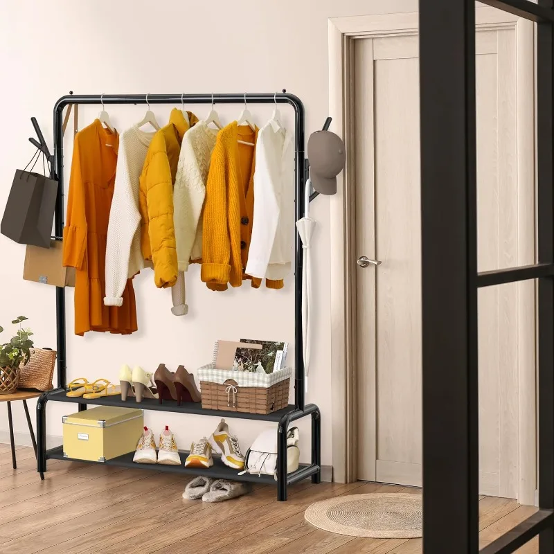 Garment Rack with Storage Shelves and Coat/Hat Hanging Hooks 6