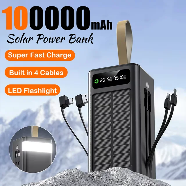 2026NEW 100000mAh Large Capacity Solar Powered Mobile Power Cord External Battery LED Light Portable Four Interface Charger